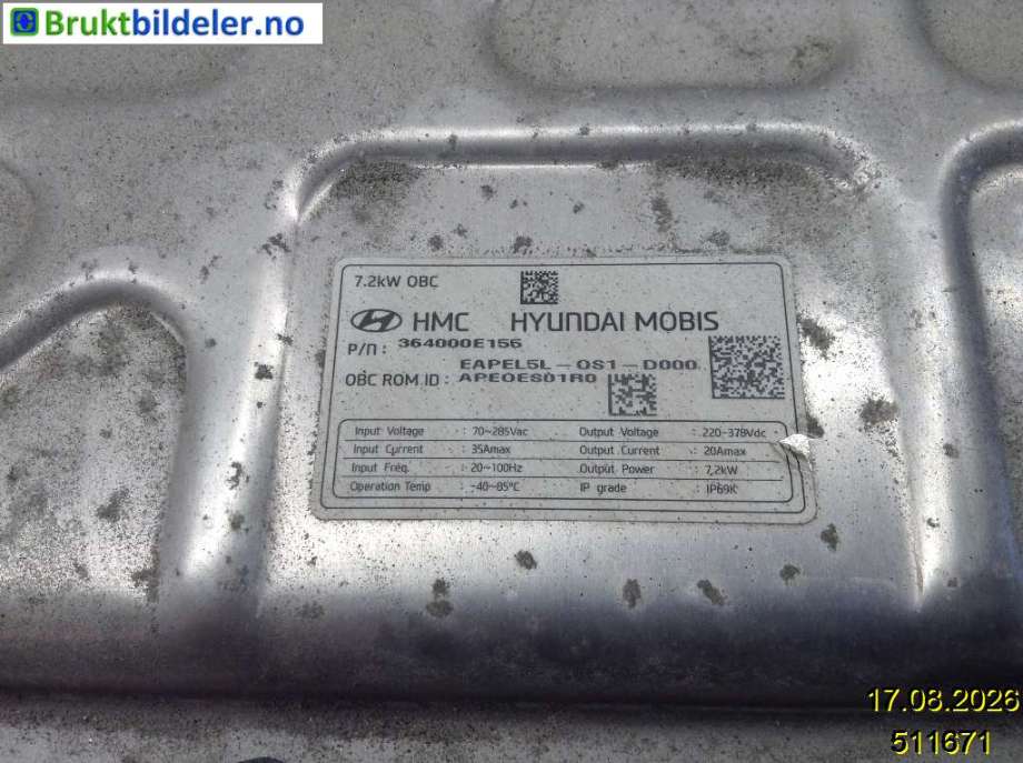 Batterilader (OBC - On Board Charger) til Hyundai Ioniq Electric 2019-->> (Fase 2)  (HYUNDAI|364000E155|)