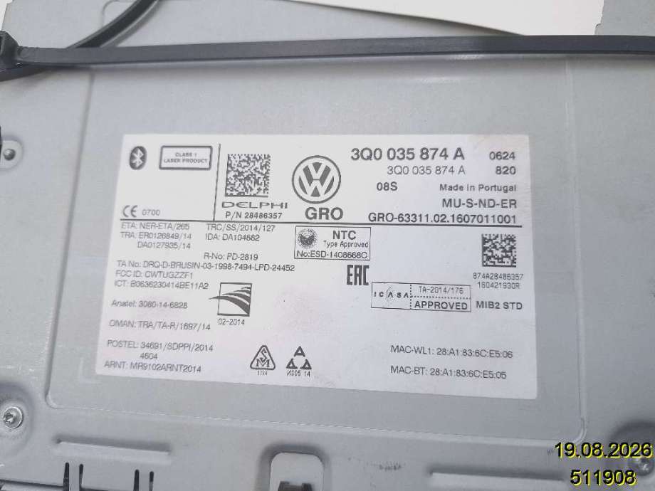 Bilstereo til VW e-Golf 2014-2017 (Fase 1) (VOLKSWAGEN|3Q0 035 874 A|28486357|)