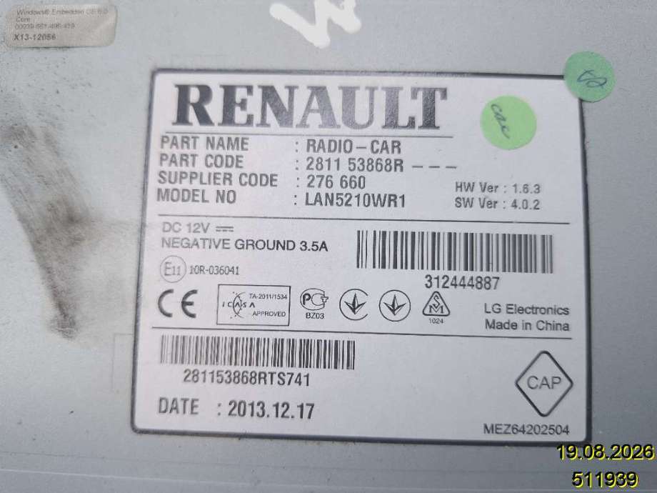 Bilstereo til Renault Clio 2012-2016 (Type IV, Fase 1)  (RENAULT|2811 53868R|LAN5210WR1|)
