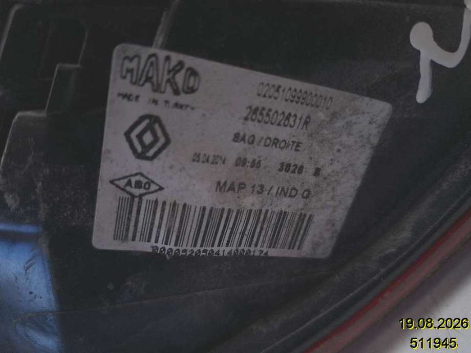 Baklykt høyre til Renault Clio 2012-2016 (Type IV, Fase 1)  (RENAULT|265502631R|)