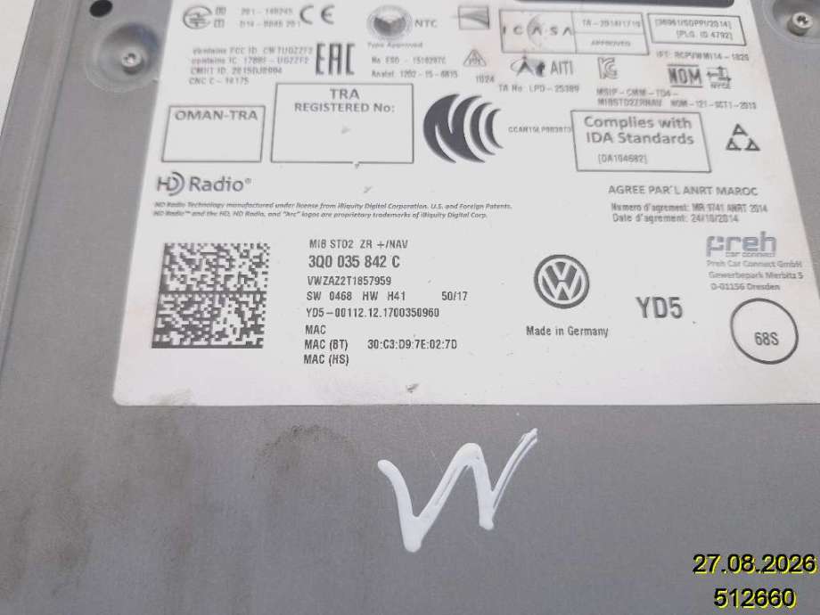 Bilstereo CD-veksler til VW Tiguan 2016-2020 (Type II, Fase 1)  (VOLKSWAGEN|3Q0 035 842 C|CWTUGZZF2|)