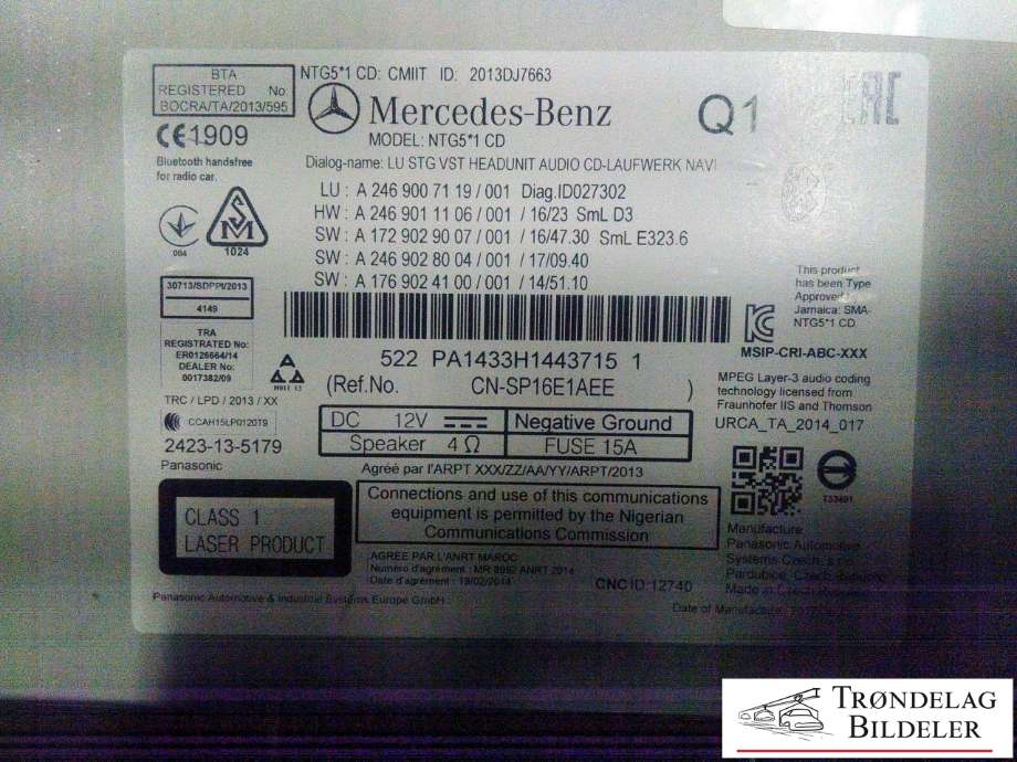 Bilstereo navigasjon spiller til Mercedes B-Klasse, electric drive 2014-2018 (W242) (W242) (NTG5*1 CD|A2469007119/001|A2469011106/001)
