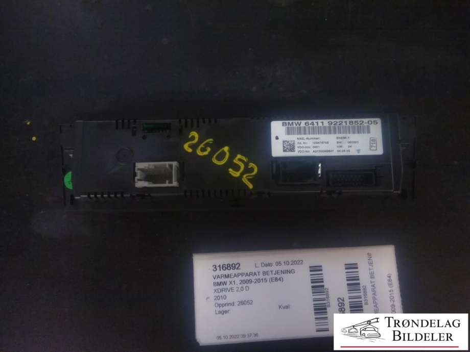 Varmeapparat betjening til BMW X1 2009-2015 (E84) (E84) (BMW|6411 9221852-05|100476746|A2C53399847)