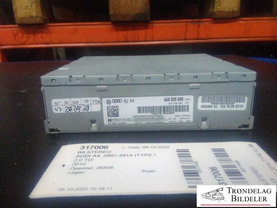 Bilstereo til Audi A4 2007-2014 (Type IV) (B8) (B8) (HERMANN/BECKER|4G0 035 056|K56JTB 7552428W|)