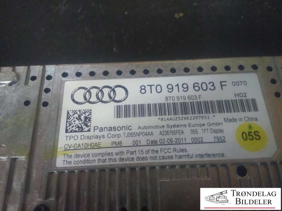 Bilstereo navigasjon skjerm til Audi Q5 2008-2012 (Type I, Fase 1) (PANASONIC|8T0 919 603F|CV-CA10H0AE|)