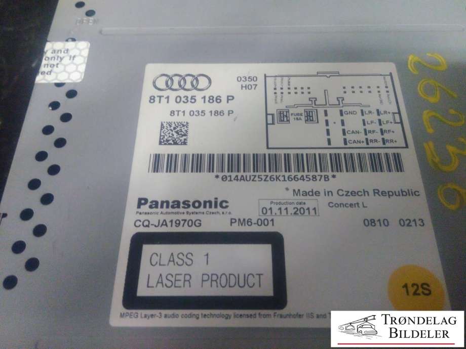 Bilstereo til Audi Q5 2008-2012 (Type I, Fase 1) (PANASONIC|8T1 035 186P|CQ-JA1970G|)