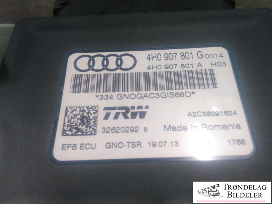 Styreenhet elektrisk parkbrems (EPB - Electric Parking Brake) til Audi A6, Allroad 2012-2014 (Type III, Fase 1) (C7) (C7) (TRW|4H0 907 801 G|A2C58091624|32620292)