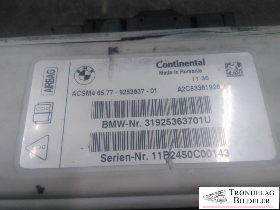 Styreenhet airbag hovedsensor til BMW 5-Serie 2010-2017 (F10/F11) (F10/F11) (CONTINENTAL|31925363701U|65.77-9253637-01|)