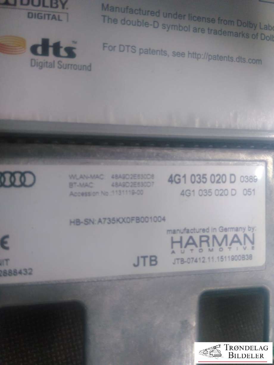 Bilstereo navigasjon spiller til Audi A6 2014-2018 (Type IV, Fase 2) (C7) (C7) (HARMANN|4G1035020D|4G0927137D|)