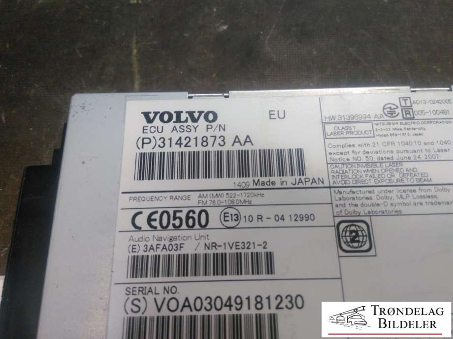 Bilstereo til Volvo V70 2014-2016 (Type III, Fase 2)  (VOLVO|31421873 AA|V0A03049181230|)