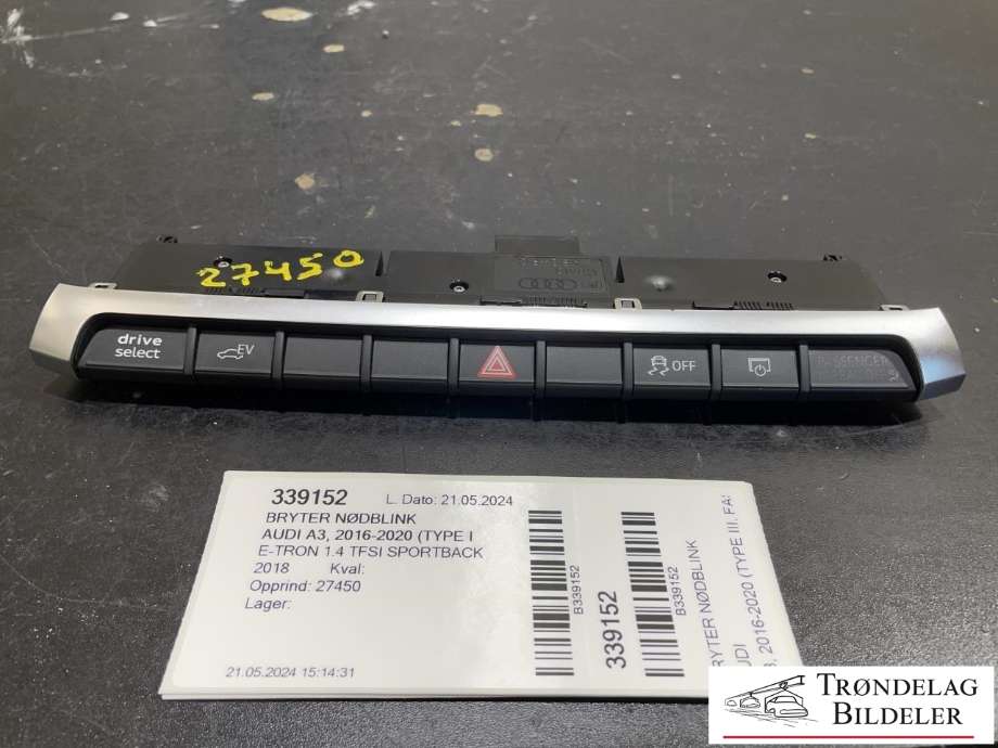 Bryter nødblink til Audi A3 2016-2020 (Type III, Fase 2) (8V0 925 301 PS|)