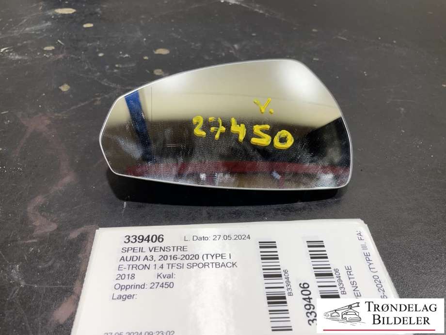 Speilglass venstre til Audi A3, 2016-2020 (Type III, Fase 2) (8V0 857 535 E)