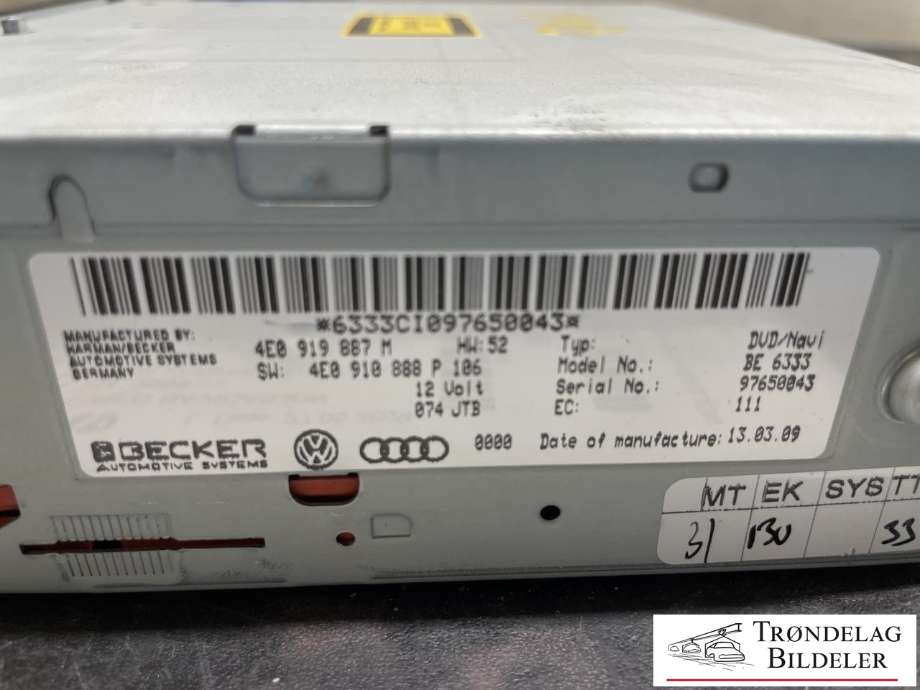 Bilstereo navigasjon til Audi S4 2009-->>  (4E0 919 887 M|)