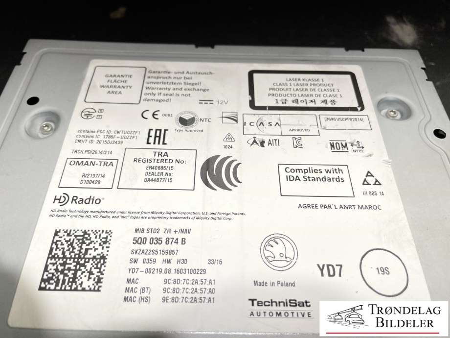 Bilstereo til Škoda Octavia 2013-2016 (Type III, Fase 1)  (5Q0 035 874 B|)