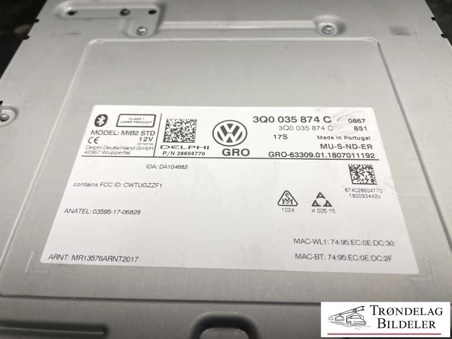 Bilstereo til VW Passat 2015-2019 (Fase 1) (B8) (B8) (3Q0 035 874 C|)