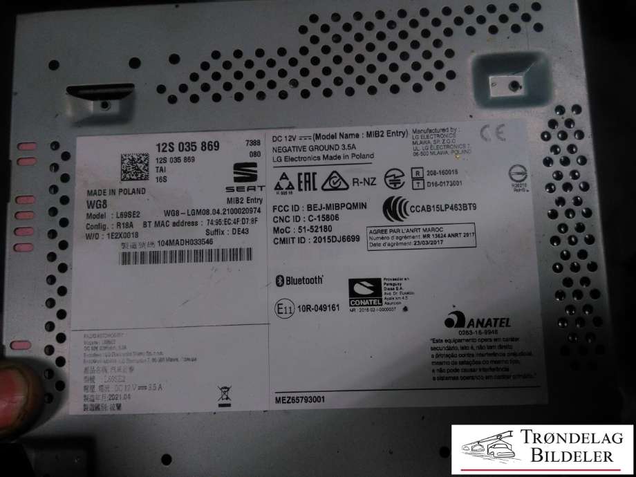 Bilstereo til Seat Mii electric 2019-->> (12S 035 869|12S 035 869 TAI|)
