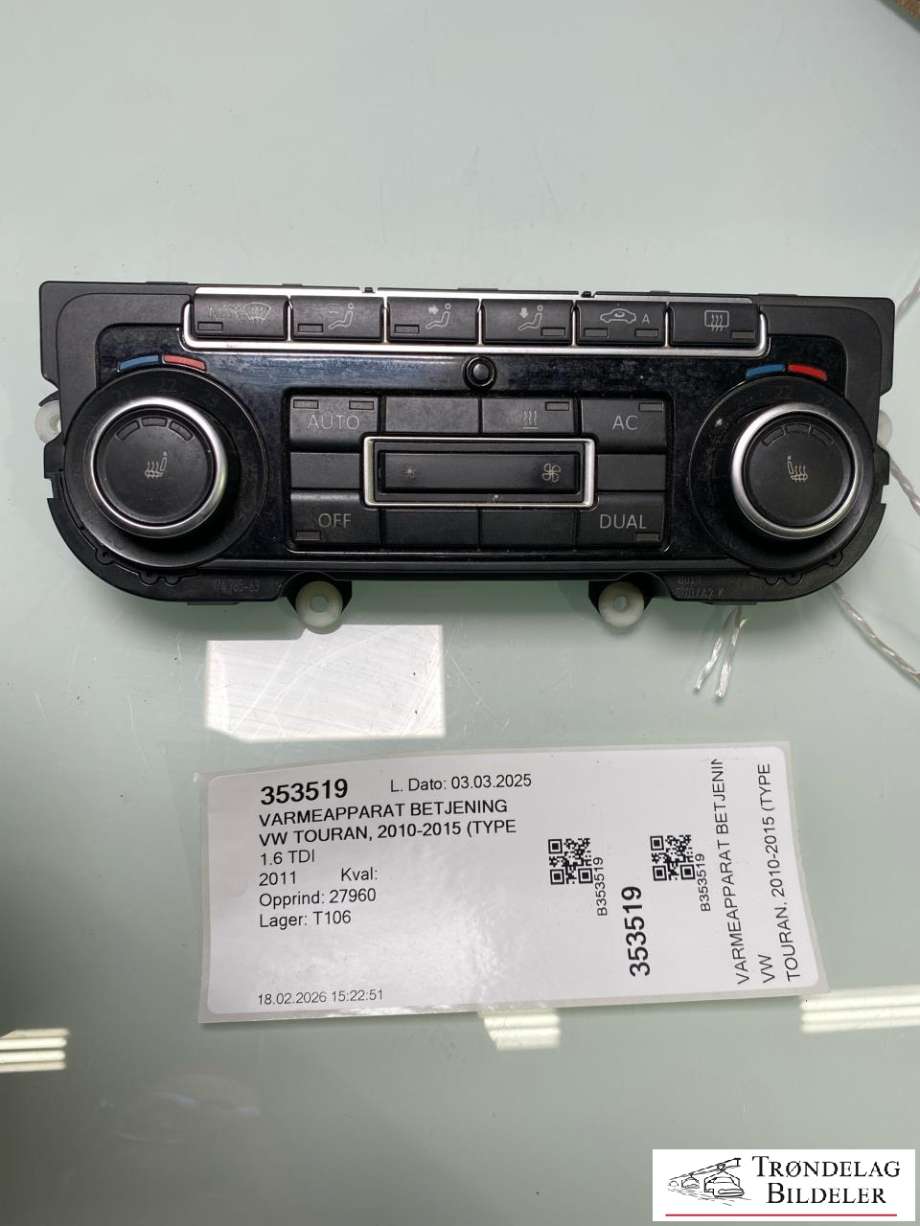 Varmeapparat betjening til VW Touran 2010-2015 (Type I, Fase 3)  (5K0907044EC|5K0907044GM ZJU|5K0907044HD ZJU)