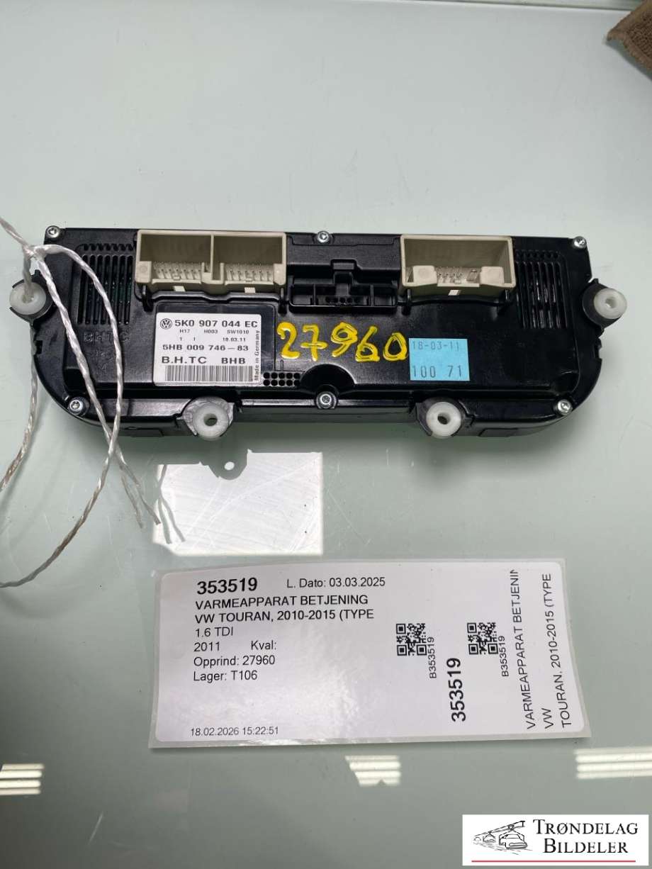 Varmeapparat betjening til VW Touran 2010-2015 (Type I, Fase 3)  (5K0907044EC|5K0907044GM ZJU|5K0907044HD ZJU)