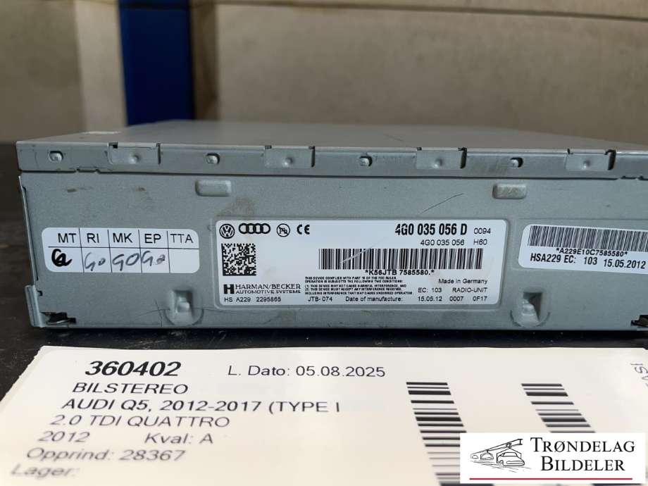 Bilstereo til Audi Q5 2012-2017 (Type I, Fase 2)  (4G0 035 056 D|)