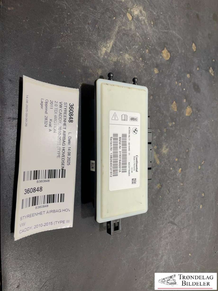 Styreenhet airbag hovedsensor til VW Caddy 2010-2015 (Type III, Fase 2) (65.77 - 9319492-01|31931949201A|)