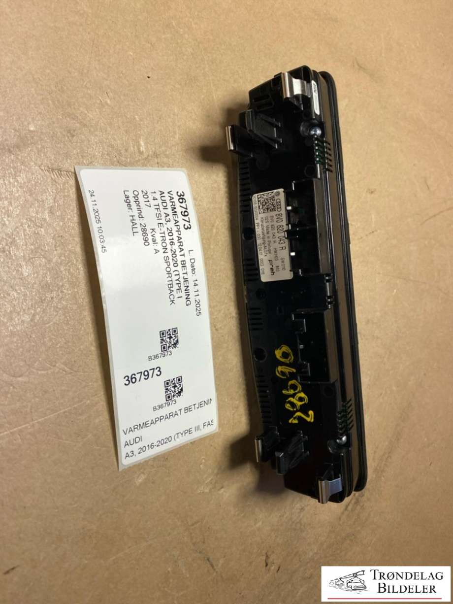 Varmeapparat betjening til Audi A3 2016-2020 (Type III, Fase 2)  (8V0 820 043 R|8V0 820 043 R  IMJ|8V0 820 043 AQ IMJ)