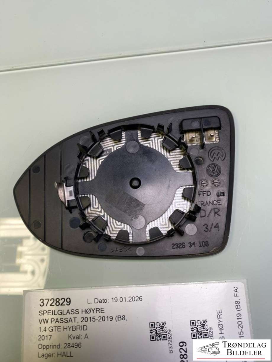 Speilglass høyre til VW Passat 2015-2019 (Fase 1) (B8) (B8) (3G0 857 522|)