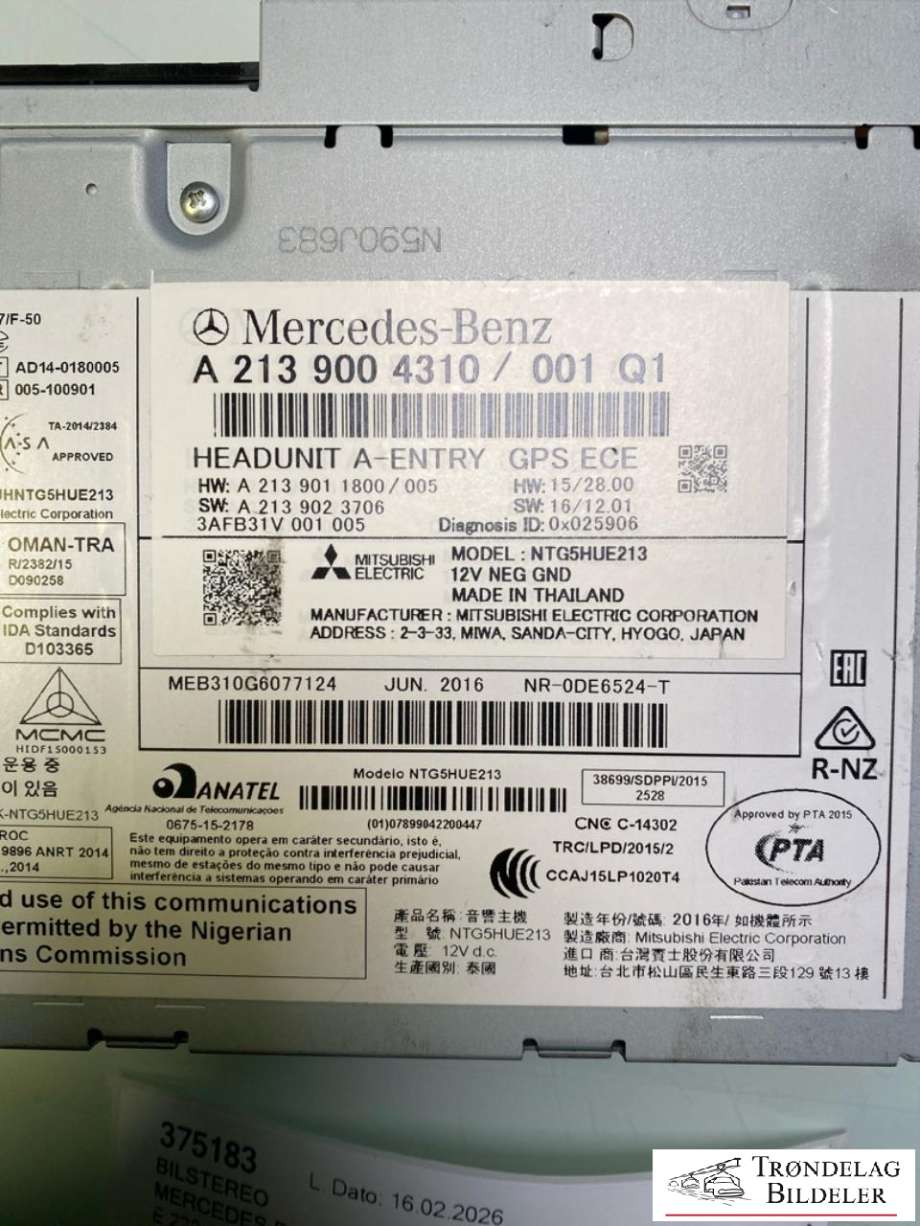 Bilstereo til Mercedes E-Klasse 2016-2023 (W213) (W213) (A2139004310|)