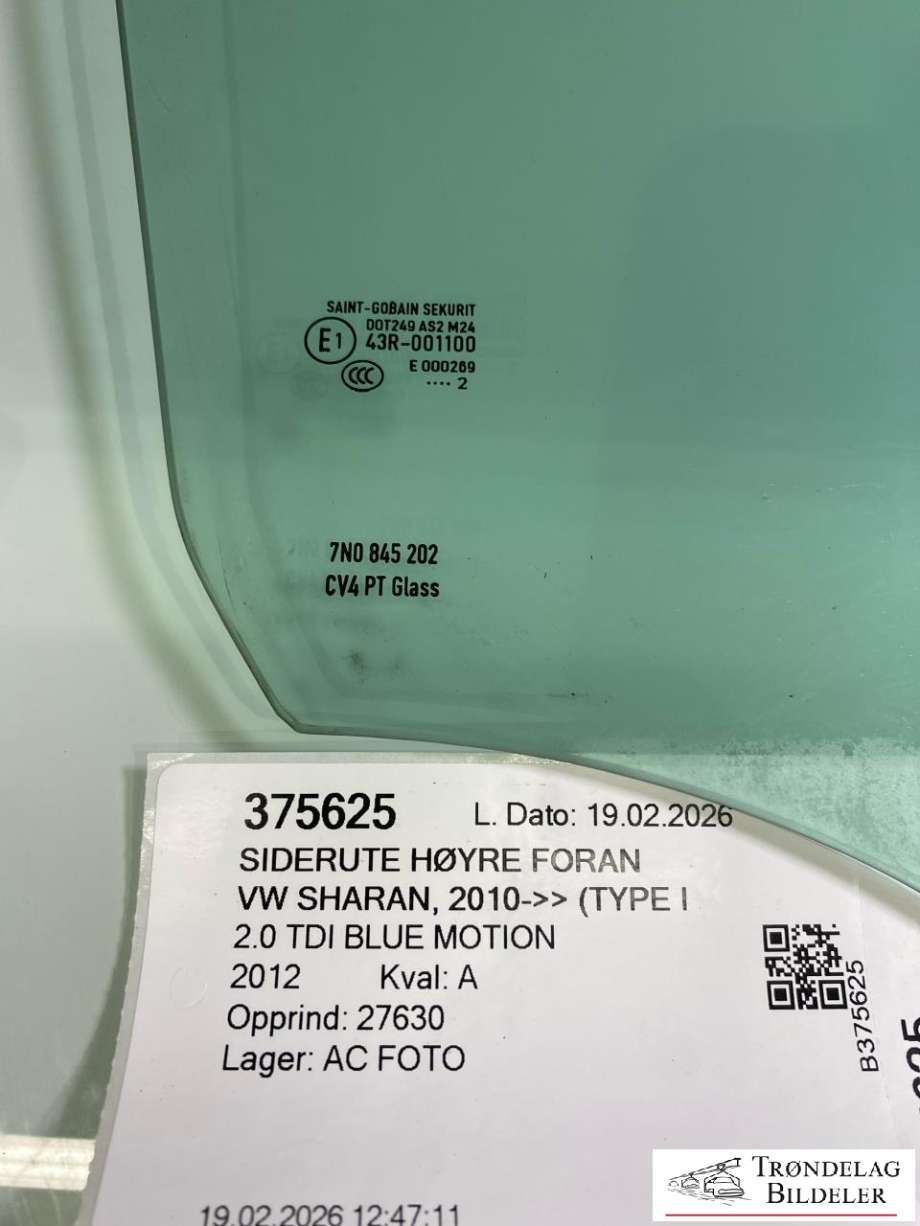 Siderute høyre foran til VW Sharan 2010-->> (Type II)  (7N0 845 202|GRØNNT GLASS|)