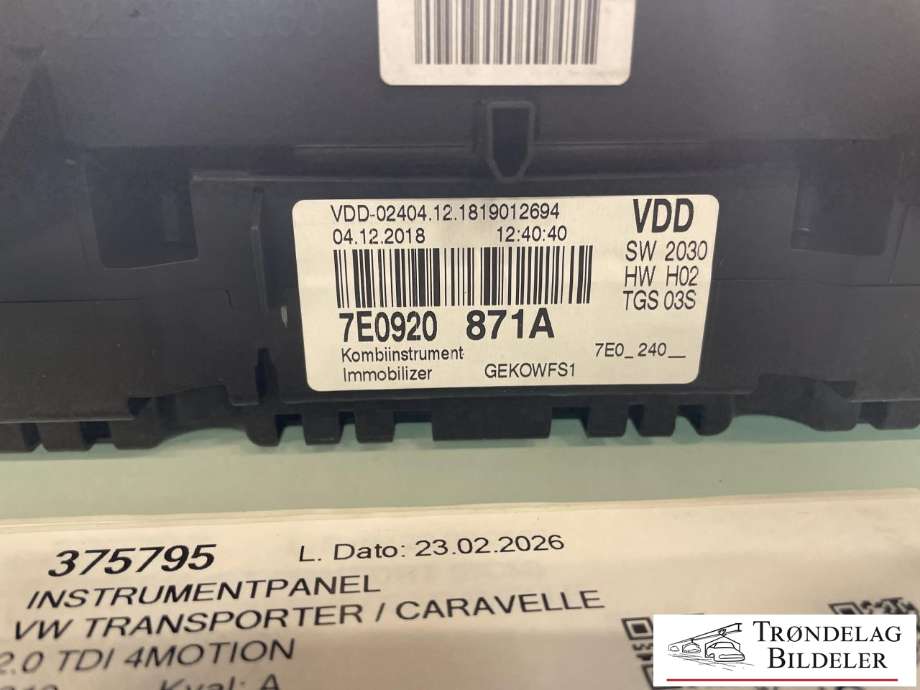 Instrumentpanel til VW Transporter / Caravelle 2019-->> (T6.1) (T6.1) (7E0 920 871 A|7E0 920 871 AX|)