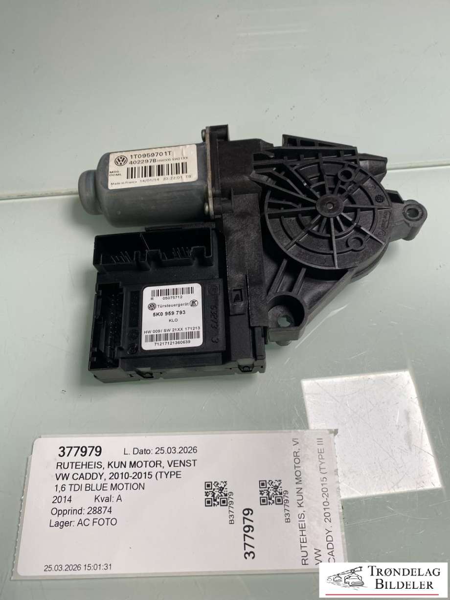 Ruteheis, kun motor, venstre foran til VW Caddy 2010-2015 (Type III, Fase 2)  (1T0959701T|5K0959793|1T0959701AF Z19|1T0959701AF|)