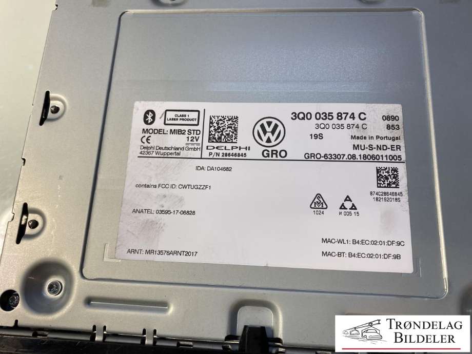 Bilstereo CD-veksler til VW Passat 2015-2019 (Fase 1) (B8) (B8) (3Q0 035 874 C|)