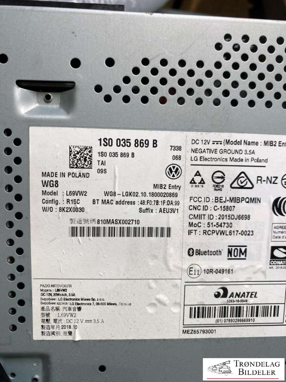 Bilstereo til VW Up 2012-2019  (1S0 035 869 B|)