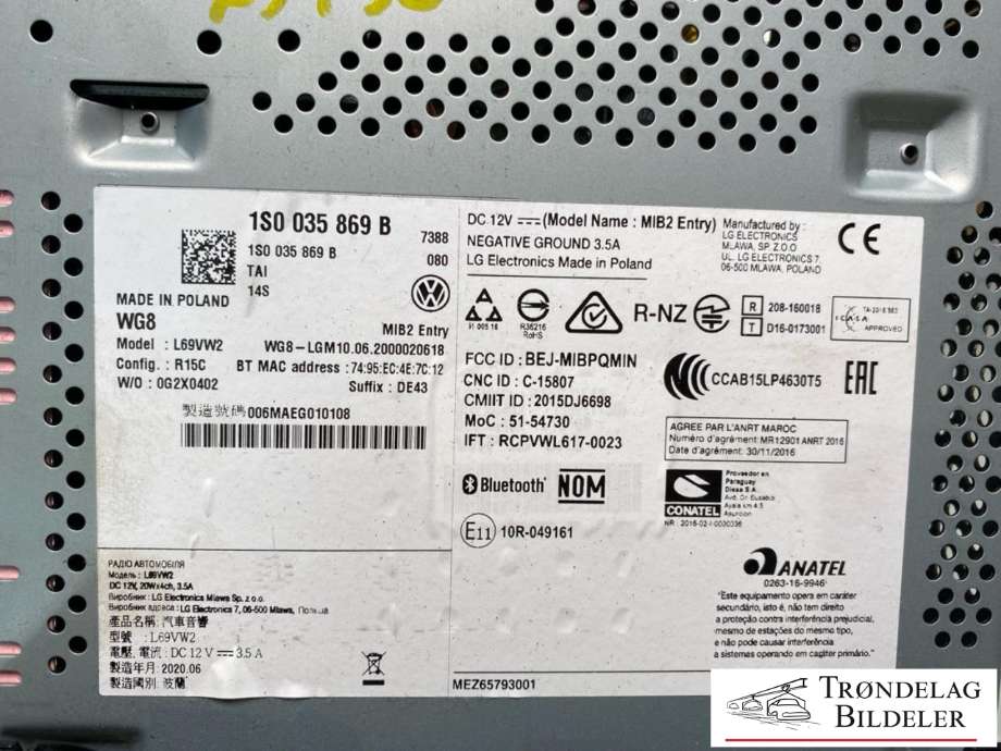 Bilstereo til VW E-Up 2019-->>  (1S0 035 869 B|1S0035869B TAI|)