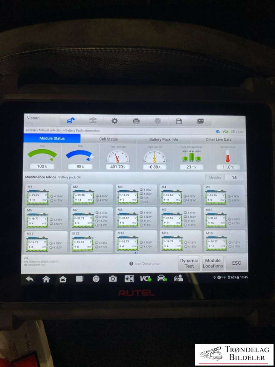 Batteripakke elbil til Nissan Leaf, 2018-->> (Type II)  (95% SOH 62KWH)