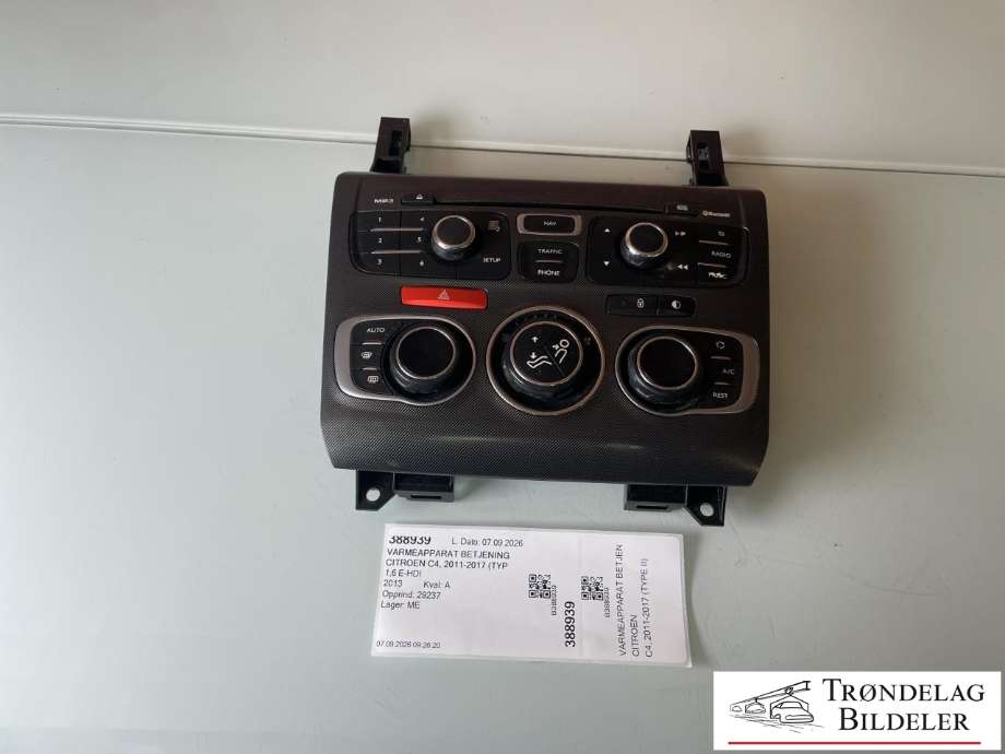 Varmeapparat betjening til Citroën C4, 2011-2017 (Type II)  (6452 V9)
