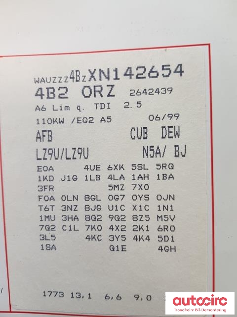 Audi A6 1997-2001 (Type II, Fase 1) (C5) (C5), Motorkode: AFB 150HK, Girkassekode: CUB DEW