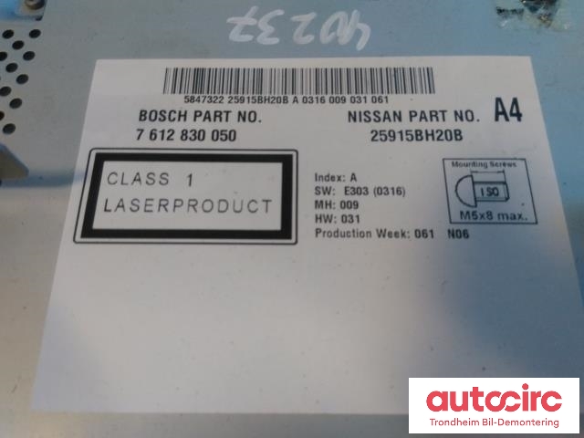 Bilstereo navigasjon til Nissan Juke 2010-2014 (Fase 1)  (BOSCH|25915BH20B|7612830050|)