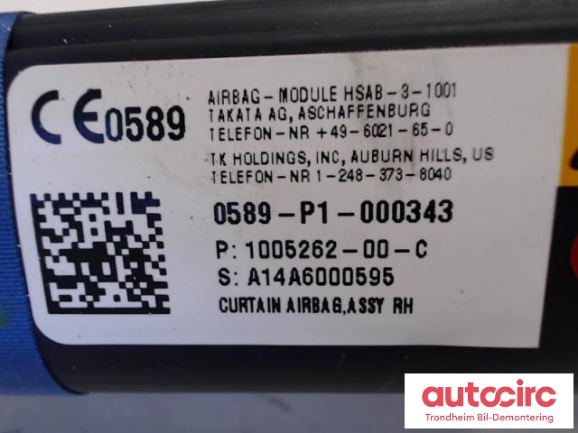 Airbag gardin høyre til Tesla Model S 2013-2016 (Fase 1)  (..|1005262-00-C|)