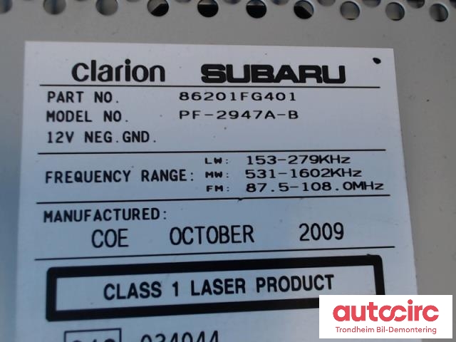 Bilstereo til Subaru Impreza 2008-2012 (Type III)  (CLARION|86201FG401|PF-2947A-B|)