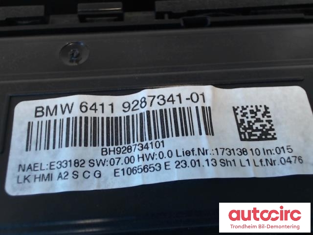 Varmeapparat betjening til BMW 3-Serie 2012-2018 (F30/F31/F34) (F30/F31/F34) (..|9287341|64119287341|64 11 9 287 341| 9261102)