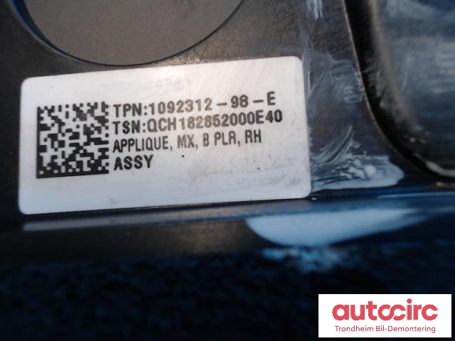 Karosseri: b-stolpe til Tesla Model X 2016-->> (B STOLPE DEKSEL HØYRE|1092312-98-E|1069104-00-D|)