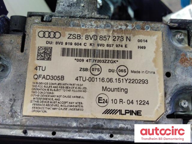 Bilstereo navigasjon skjerm til Audi A3 2016-2020 (Type III, Fase 2)  (ALPINE|8V0857273N|QFAD305B|)