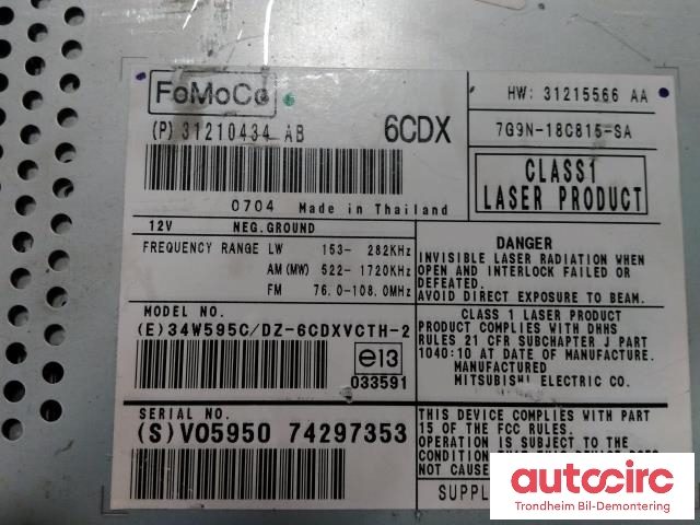 Bilstereo CD-veksler til Volvo V70 2007-2013 (Type III, Fase 1)  (FOMOCO|31210434|31215566|36050931)
