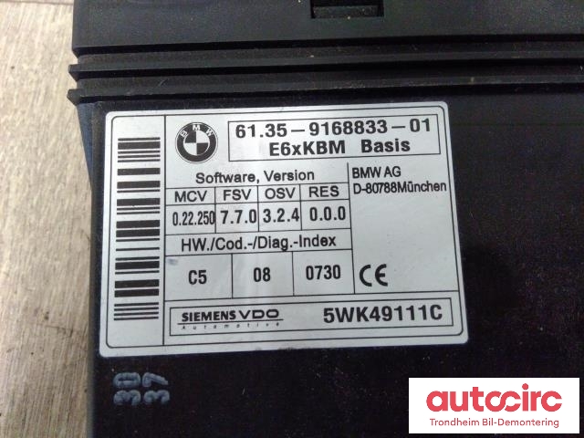 Styreenhet comfort (BCM) til BMW 5-Serie 2003-2010 (E60/E61) (E60/E61) (SIEMENS/VDO|61359168833|5WK49111C|61359176069)