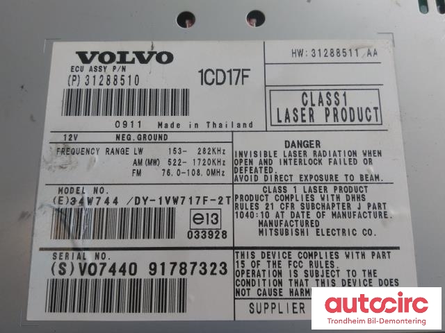 Bilstereo til Volvo V50 2007-2012 (Fase 2)  (VOLVO|31288510|DY-1VW717F-2T|36050925)
