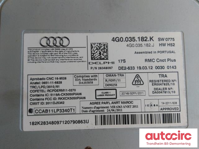 Bilstereo til Audi A6 2011-2014 (Type IV, Fase 1) (C7) (C7) (DELPHI|4G0035182K|4G0035182J|4G0035182L)