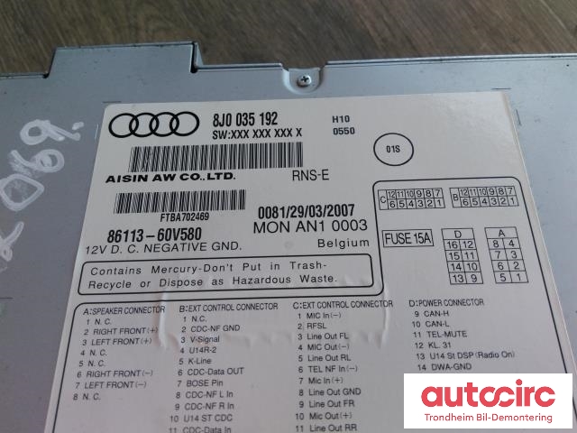 Bilstereo navigasjon til Audi TT 2006-2014 (Type II) (AISIN|8J0035192|8611360V580|8J0035194X)