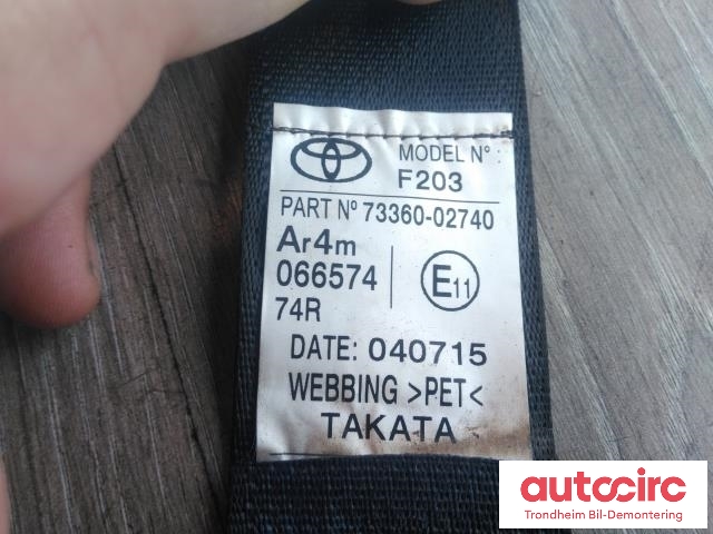 Sikkerhetsbelte bak høyre til Toyota Auris 2015-2019 (Type II, Fase 2)  (..|7336002740C0|73360-02740-C0|309310899483-AC)