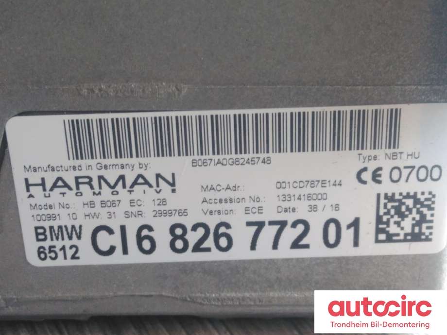 Bilstereo navigasjon til BMW X4 2014-2018 (F26) (F26) (HARMAN BECKER|6826772|6512-6826772-01|1331416000| 65126819943| 65126826783)