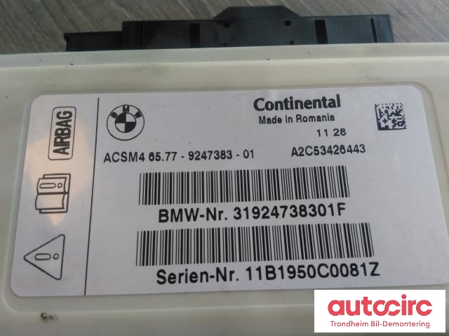 Styreenhet airbag hovedsensor til BMW X3 2010-2017 (F25) (F25) (CONTINENTAL|65779247383|A2C53426443|65777911606)